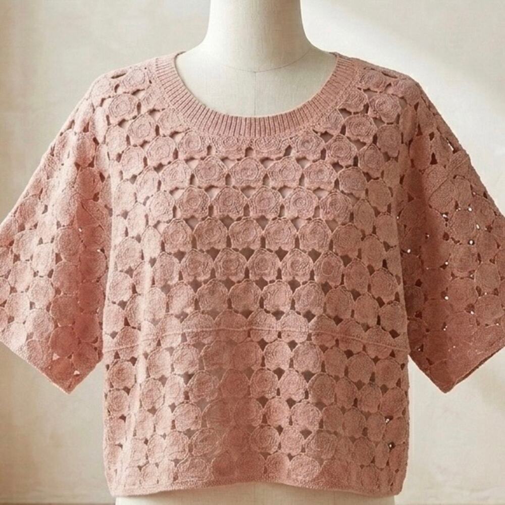 Bobeau Boho Rose Patchwork Crochet Open Knit Crop Top-S Medium